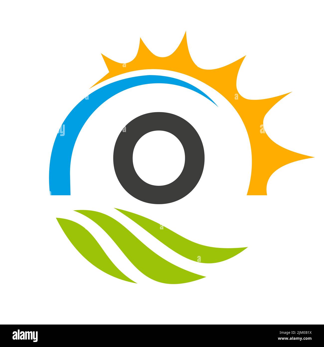 Buchstabe O Landwirtschaft Logo Vektor-Vorlage. Landwirtschaft Logo Konzept mit Green Field und Bright Sun Element Stock Vektor