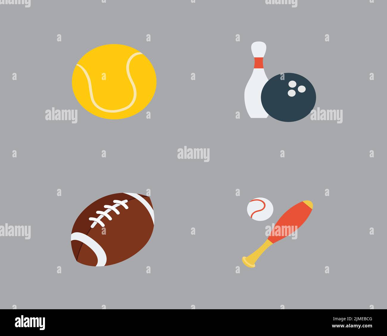 Ein Tennisball, Bowlingstift und -Ball, Rugby-Ball und ein Tischtennisschläger mit einem Ball Stock Vektor