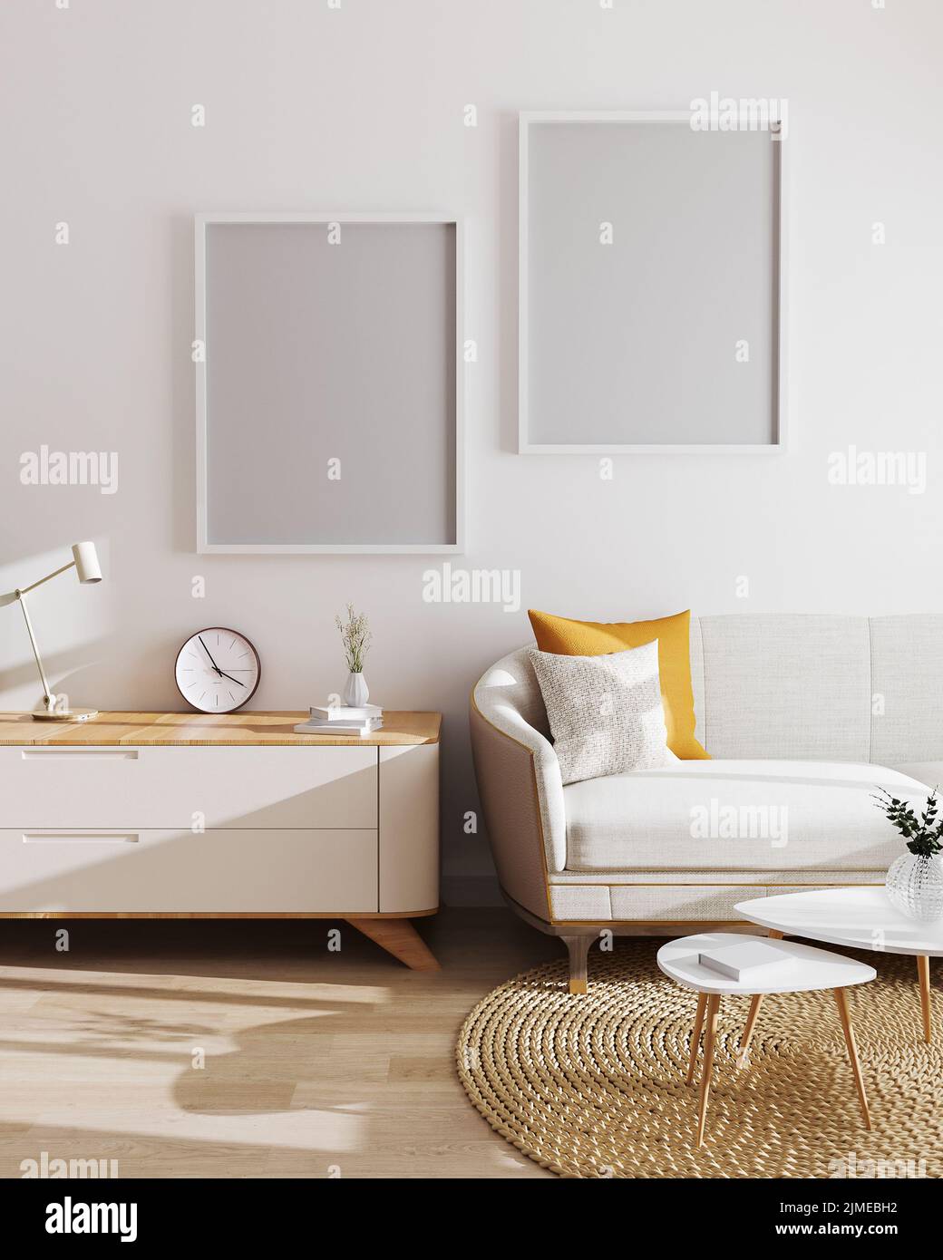Zwei leere Posterrahmen im modernen Wohnzimmerinnenhintergrund. Mockup, Wohnzimmer mit weißer Wand und modernem minimalistischem Design Stockfoto