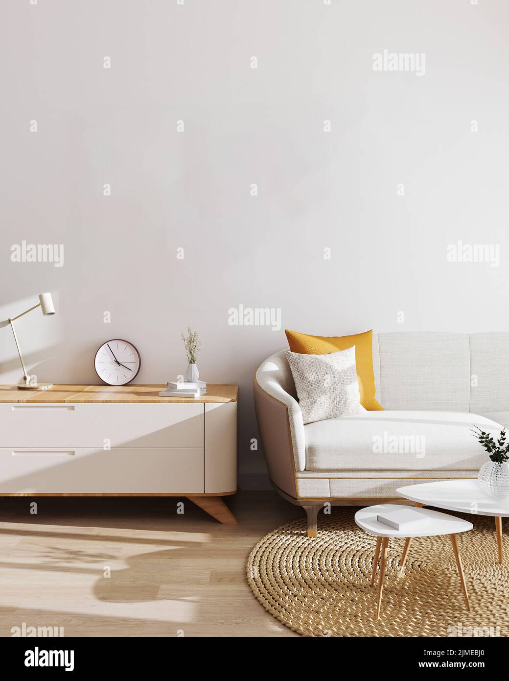 Modernes Wohnzimmer im Hintergrund. Mockup, Wohnzimmer mit weißer Wand und modernen, minimalistischen Möbeln. Skandinavischer Stil Stockfoto