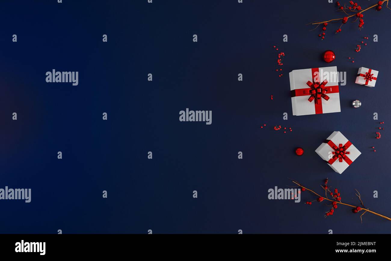 Weihnachten und Neujahr Urlaub dunkelblau Hintergrund mockup. Neujahr Dekoration flach legen. Weihnachten Stockfoto