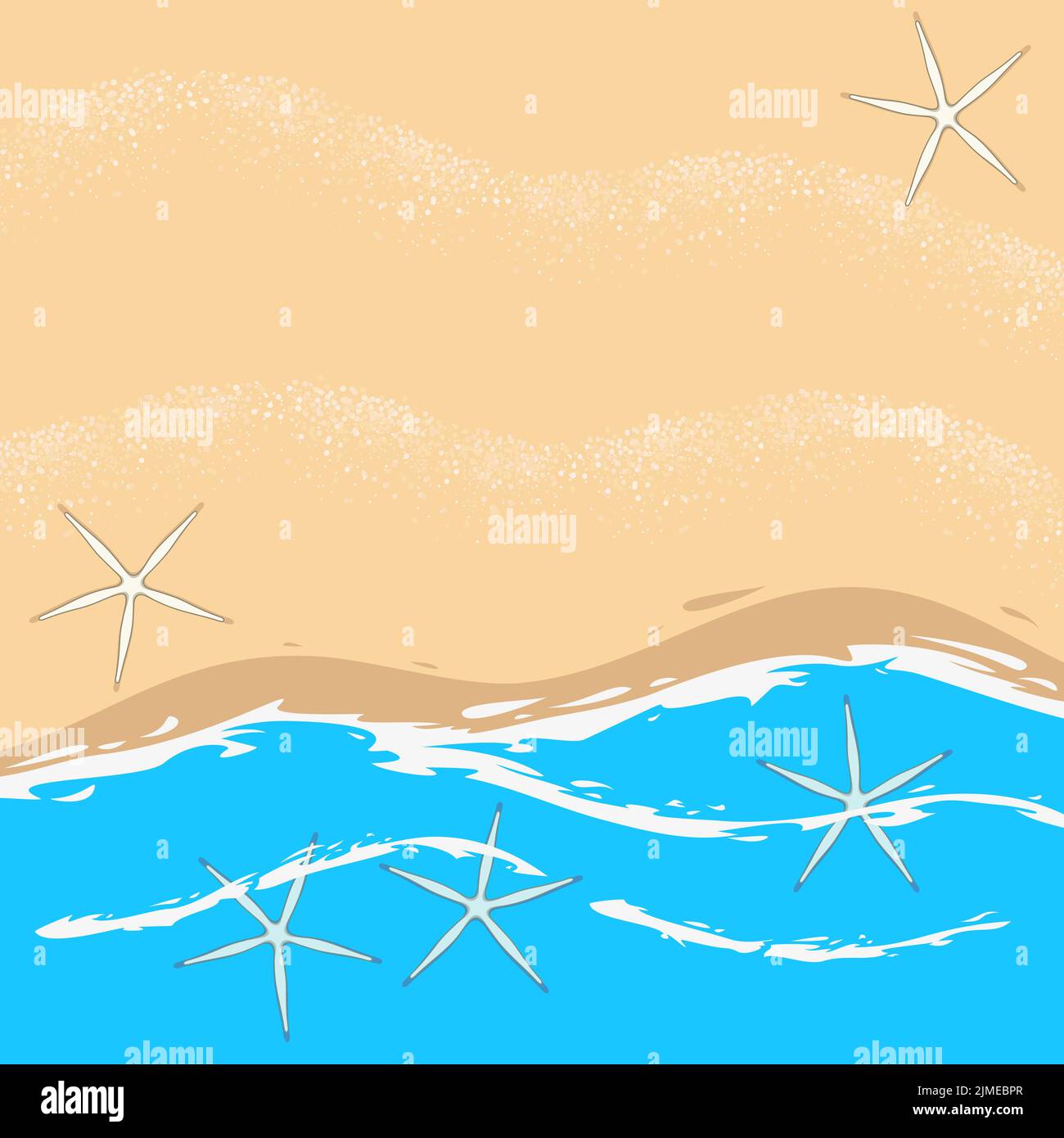 Abbildung mit Meer, Wellen, Strand und Seesternen. Meeresvektorhintergrund. Stock Vektor