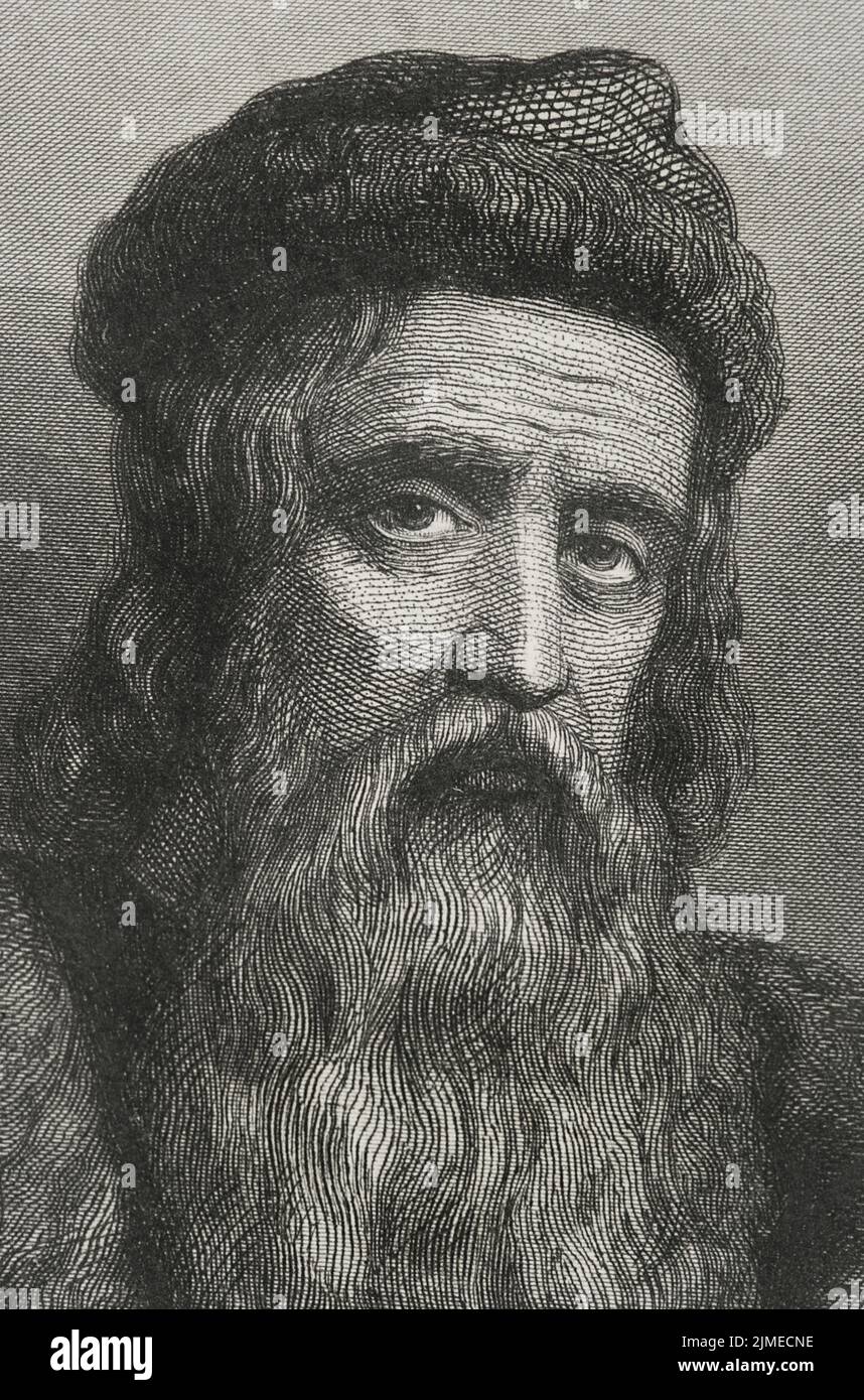 Johannes Gutenberg (ca. 1399-1468). Deutscher Erfinder. Um 1450 schuf er die erste bewegliche Druckmaschine. Hochformat. Gravur von Geoffroy. Details. „Historia Universal“, von César Cantú. Band IV, 1856. Autor: Charles Geoffroy (1819-1882). Französischer Gravierer. Stockfoto