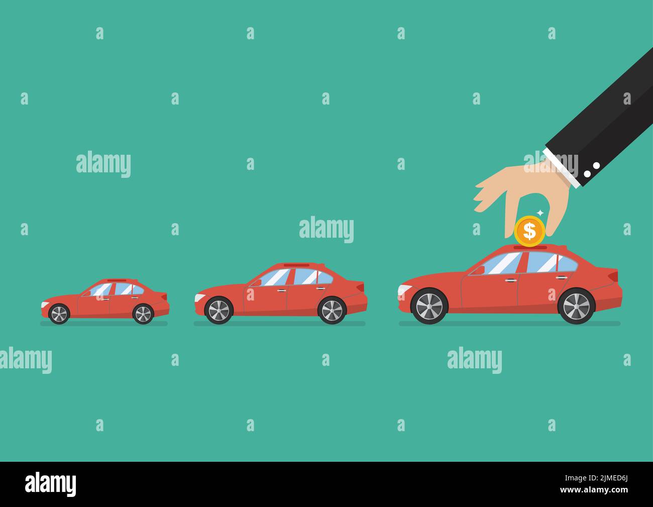 Schritt der Business Hand Münze in das Auto Sparschwein legen. Finanzgeschäftsplan Stock Vektor