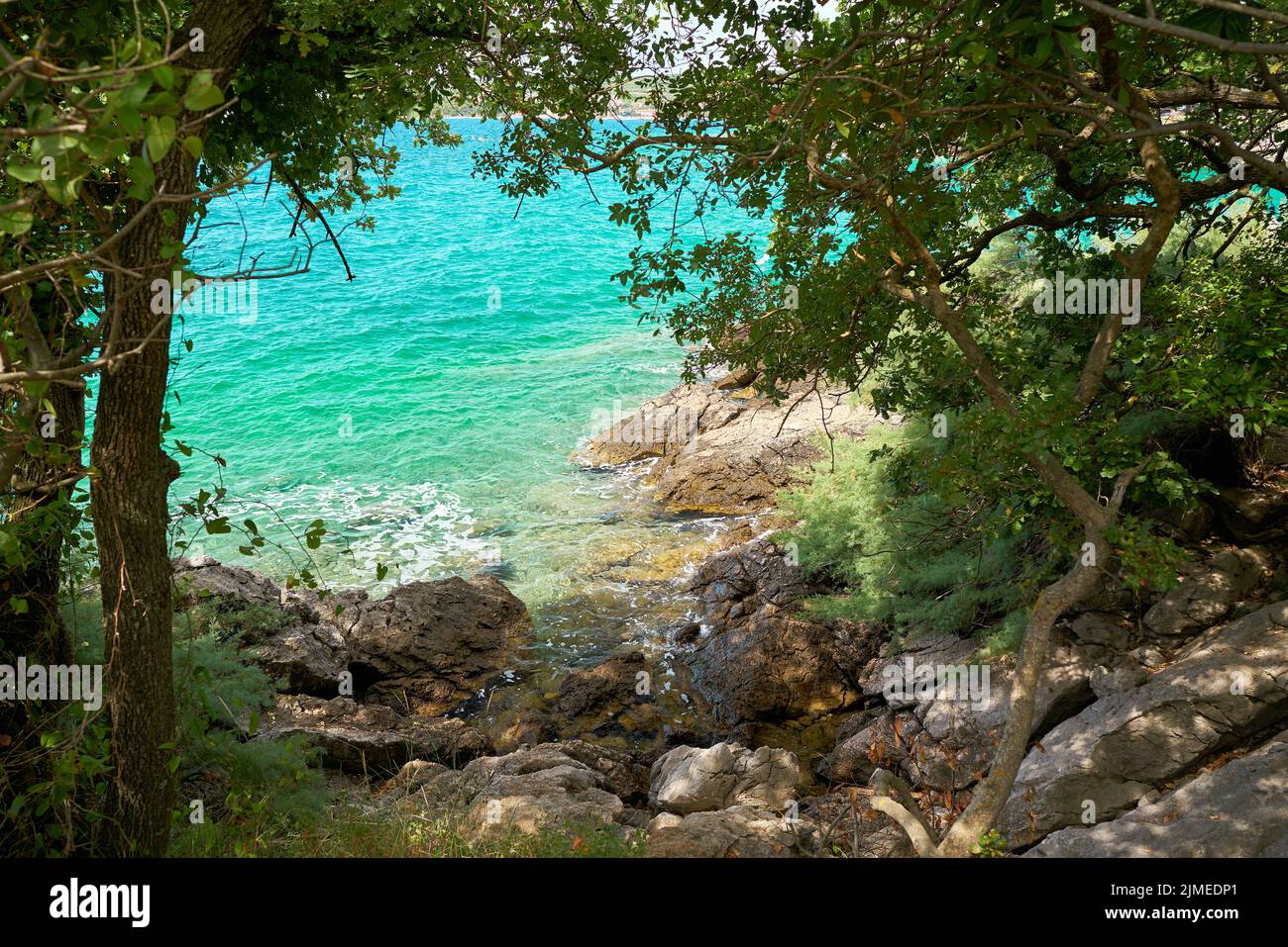 Felsküste der Adria auf der Insel Krk in der Nähe der gleichnamigen Stadt Krk in Kroatien Stockfoto