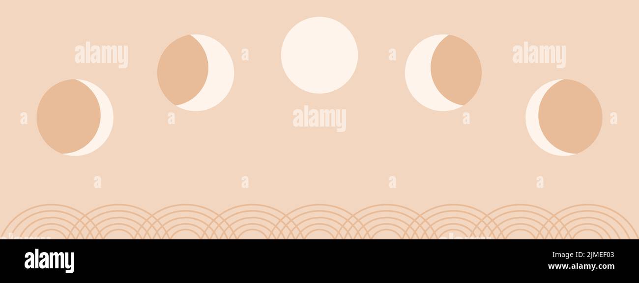 Mondphasen einfaches Banner. Asiatisches chinesisches, koreanisches oder japanisches dekoratives Poster mit Linienwellen, Vektorhintergrund Stock Vektor