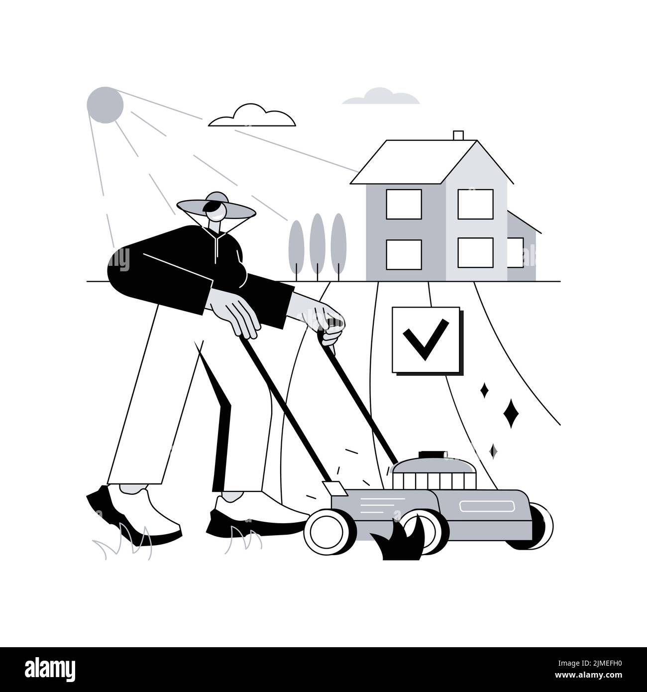 Rasenmähen Service abstrakte Konzept Vektor Illustration. Grasschnitt und -Reinigung, Belüftung und Düngung, Rasenjäten, Gartenarbeiten, Entfernung von Dandelionen, Abstrakte Metapher. Stock Vektor