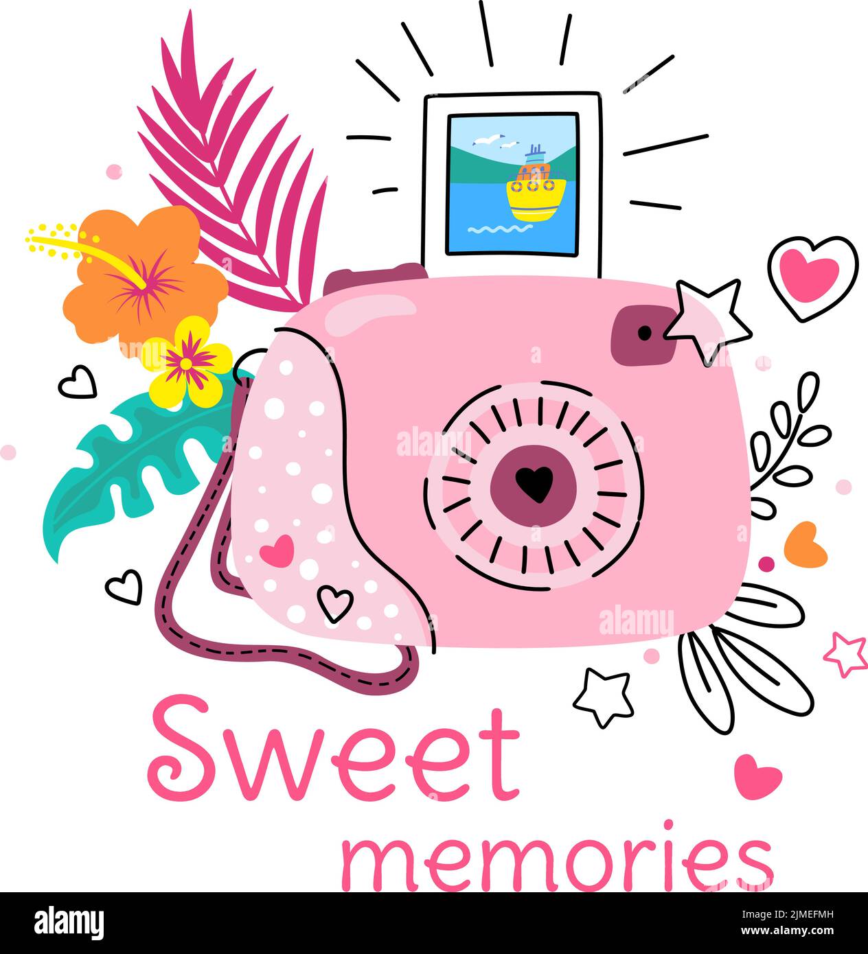 Schöne Erinnerungen. Kamera spart schöne Momente, T-Shirt-Design mit Kunstdruck. Fun-Slogan, Mode-Sticker mit Foto und Blumen. Memory Nowaday-Vektor Stock Vektor Schöne Erinnerungen. Kamera spart schöne Momente, T-Shirt-Design mit Kunstdruck. Fun-Slogan, Mode-Sticker mit Foto und Blumen. Memory Nowaday-Vektor Stock Vektor