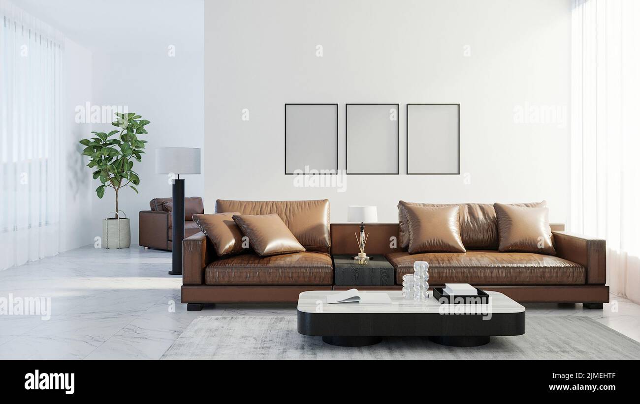 Leere Posterrahmen imitierten sich im skandinavischen Stil Wohnzimmer Interieur, moderne Wohnzimmer Interieur Hintergrund, braunes Leder so Stockfoto
