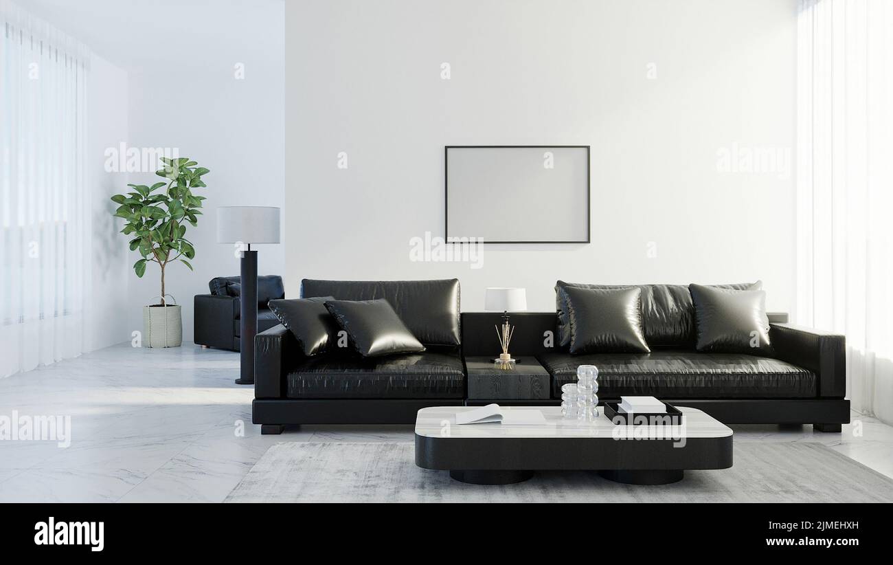 Blank horizontaler Rahmen in moderner Wohnzimmereinrichtung mit schwarzem Ledersofa, weißer leerer Wand, skandinavischer Stil, 3D Stockfoto