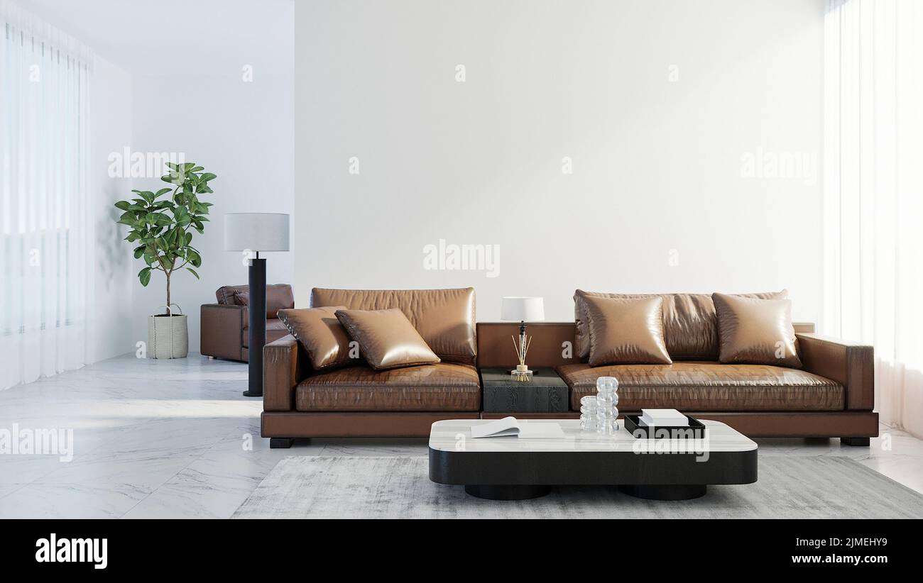 Skandinavischer Stil Wohnzimmer Inneneinrichtung Modell, moderne Wohnzimmer Innenhintergrund, braunes Ledersofa, 3d-Rendering Stockfoto