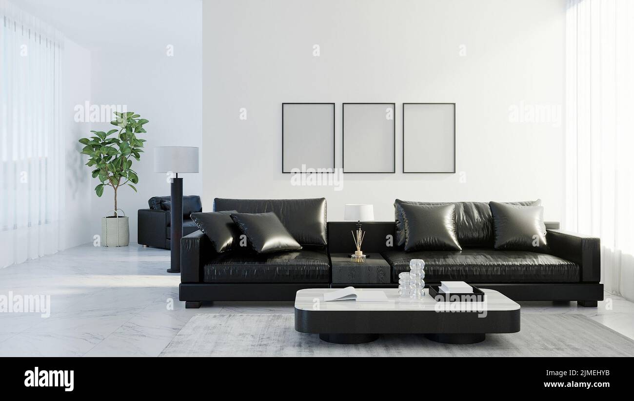 Leere Rahmen im modernen Wohnzimmer mit schwarzem Ledersofa, weißer leerer Wand, skandinavischem Stil, 3D Rendering Stockfoto