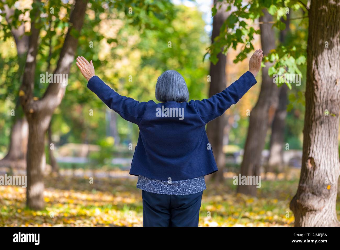 Glückliche Frau mit ausgestreckten Armen im Herbstpark Stockfoto Glückliche Frau mit ausgestreckten Armen im Herbstpark Stockfoto