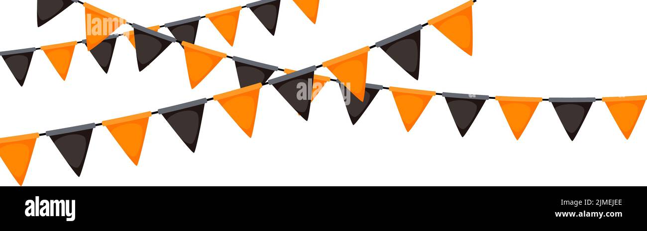Halloween-Ammer. Girlande mit schwarzer und orangefarbener Flagge. Triangle Wimpel Kette. Party-Ammer Dekoration. Feier Fahnen für Dekor. Vektorhintergrund Stock Vektor