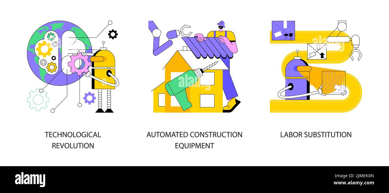 Moderne Innovation abstraktes Konzept Vektor Illustration Set. Technologische Revolution, automatisierte Baumaschinen, Arbeitssubstitution, intelligente Maschinen, Robotik Prozess abstrakte Metapher. Stock Vektor