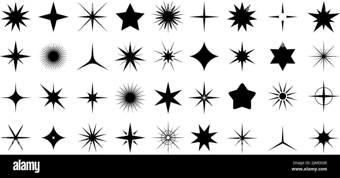 Schwarze Sterne Formen gesetzt. Graphic minimal Sterne Strahlen, funkelnde Silhouette moderne Symbole. Geometrische funkelnden Ikonen, verschiedene weihnachten, Party, festlich Stock Vektor