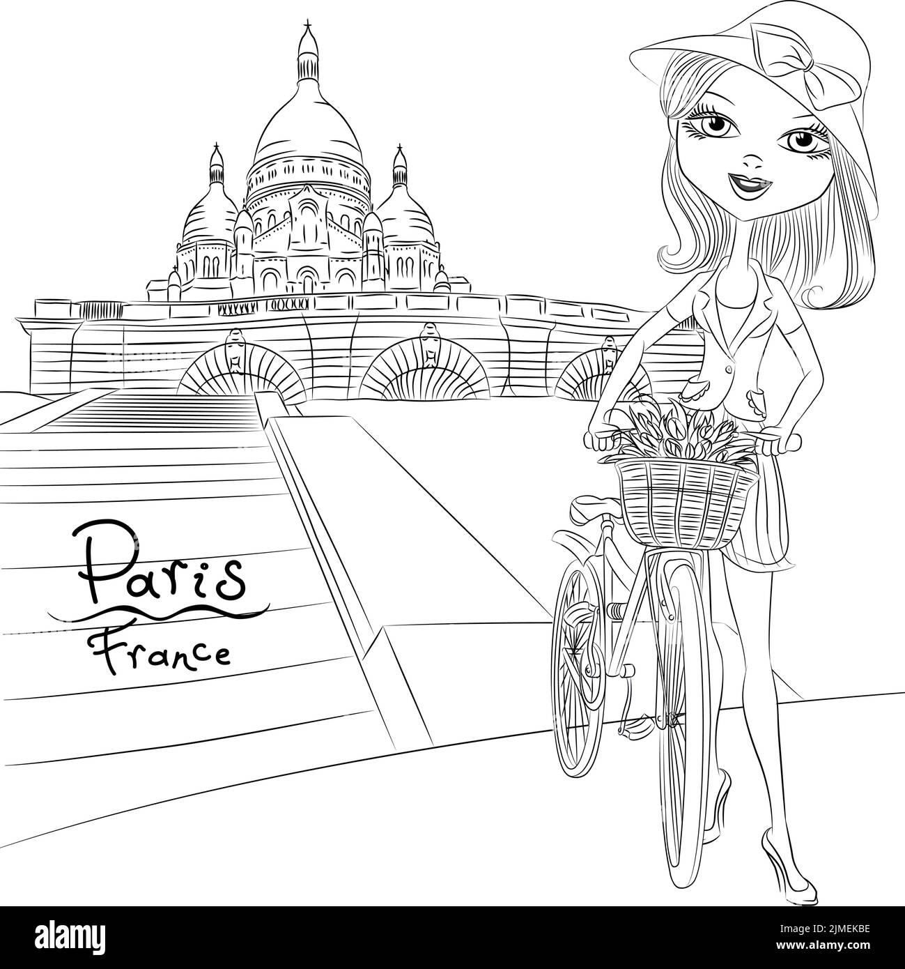 Schöne Mode-Mädchen mit einem Korb von Blumen auf dem Fahrrad im Viertel Montmartre, Paris, Frankreich. Schwarz-Weiß-Illustration für Malbuch. Stock Vektor