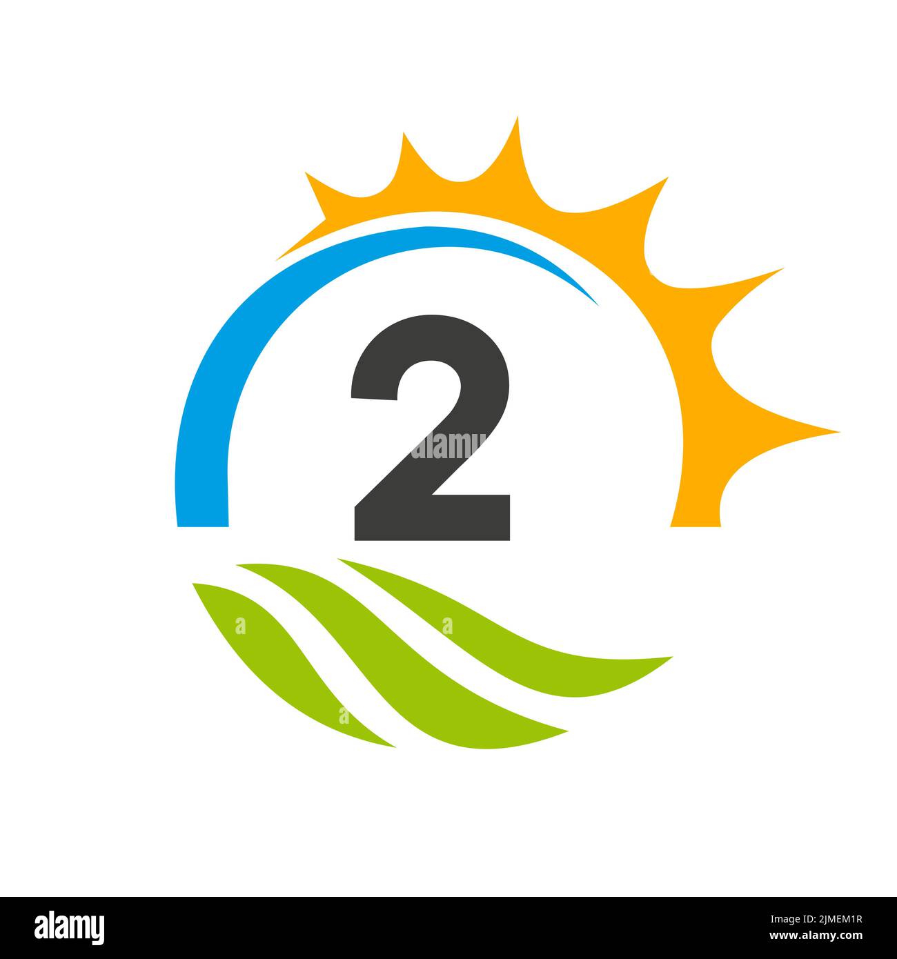 Letter 2 Landwirtschaft Logo Vektor-Vorlage. Landwirtschaft Logo Konzept mit Green Field und Bright Sun Element Stock Vektor