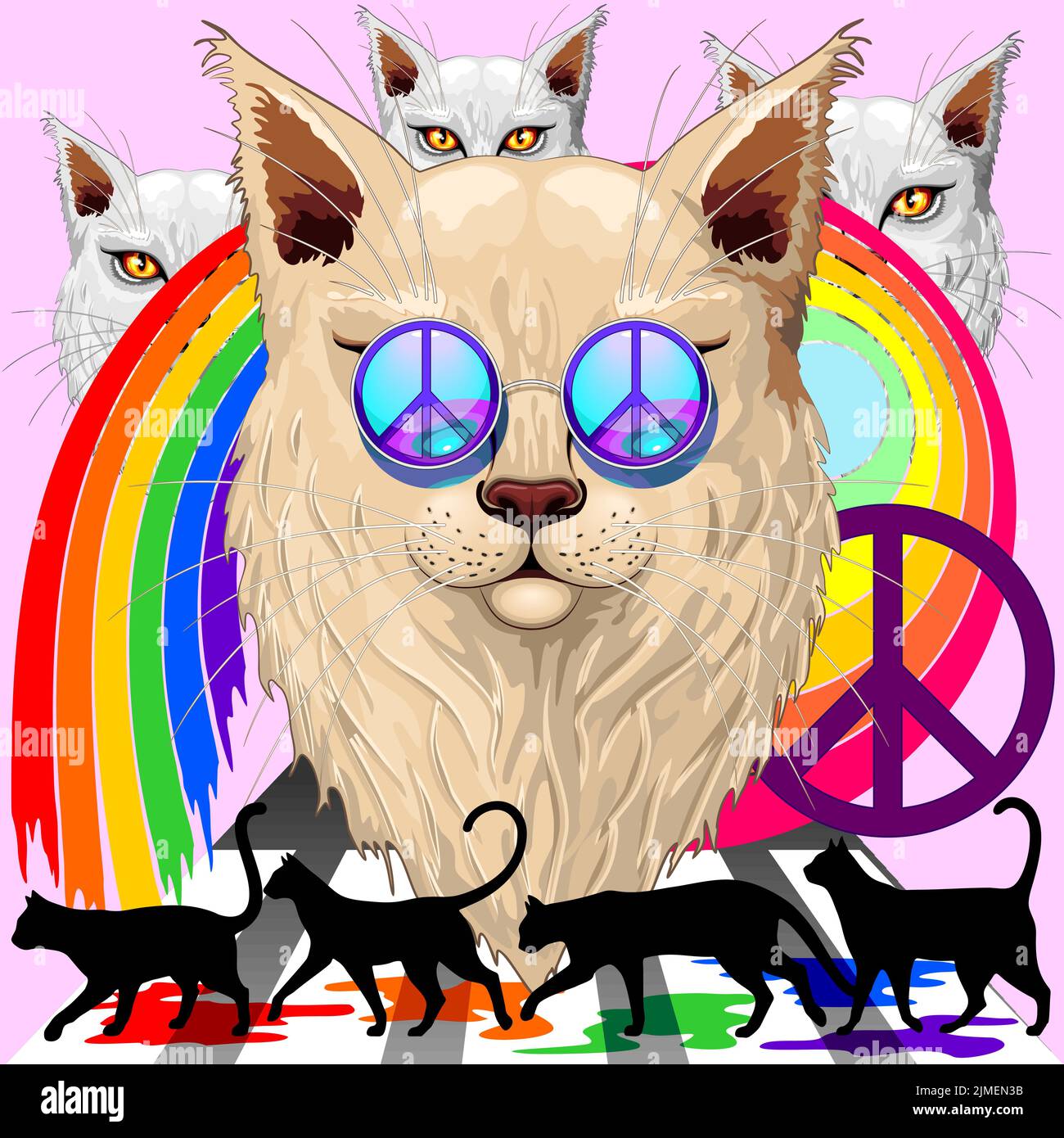 Parodie auf die 'vier von Liverpool', mit Katzen, Peace and Love Symbols, Rainbows und den vier an der Kreuzung. Vektor-Kunst Copyright BluedarkArt Stock Vektor