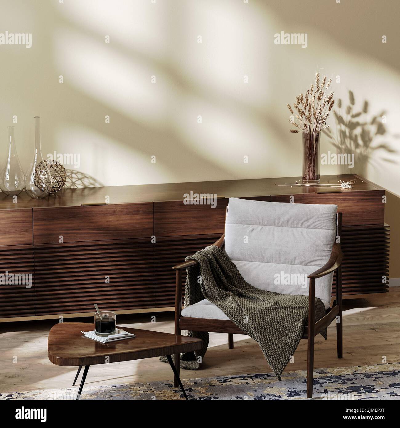 Wohnzimmerinnenraum, gemütlicher Sessel mit Couchtisch und Dekoration, Wohnumgebung, Wohninnenausstattung nachgestellt, 3D Rendering Stockfoto