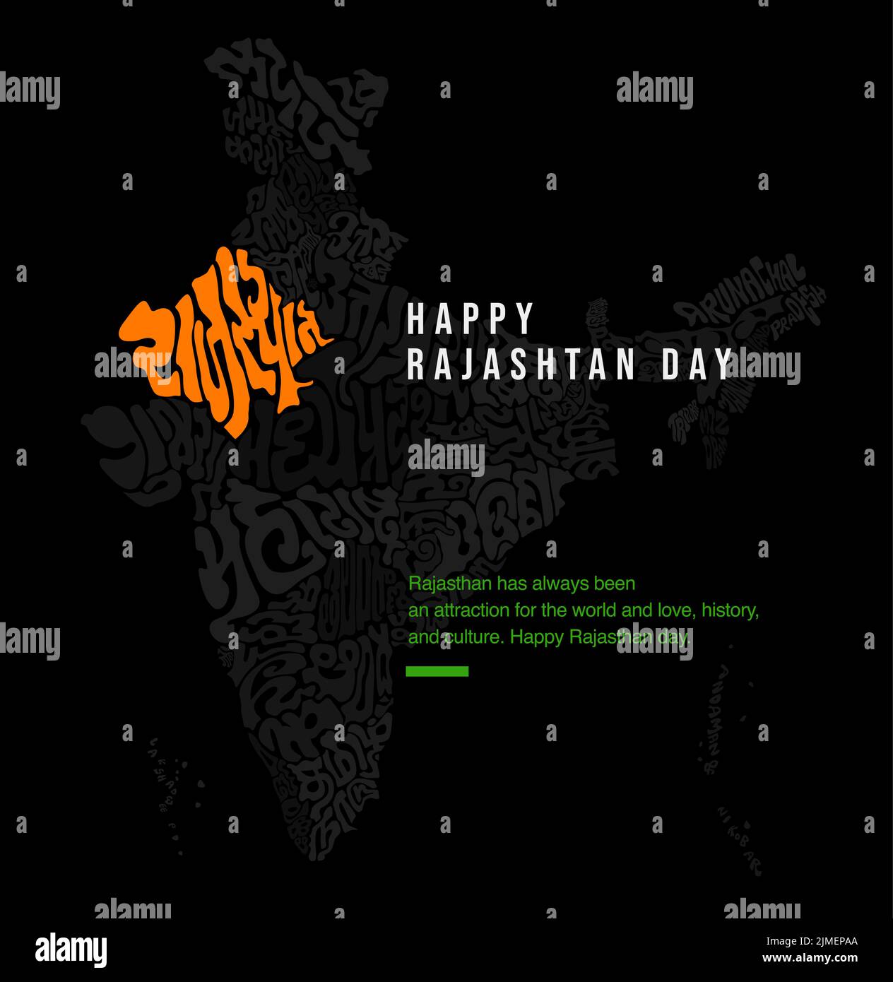 Happy Rajasthan Tag mit Rajasthan Karte Typografie in Hindi. Indien Staaten Karte Typografie mit ihren Sprachen. Stock Vektor