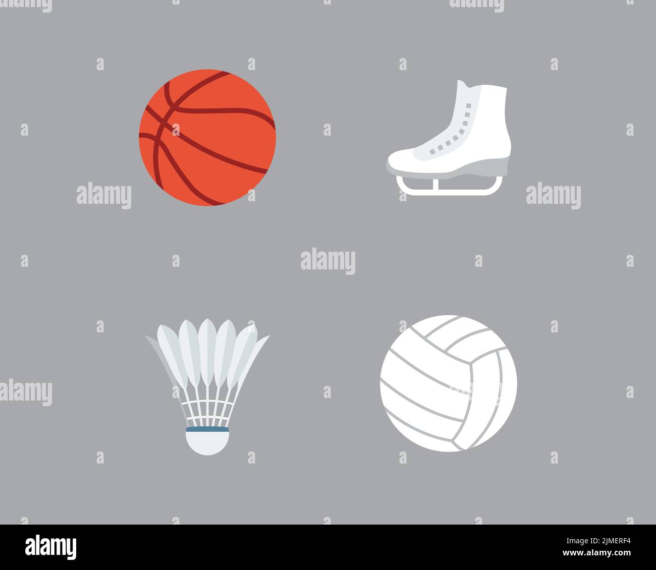 Eine Vektordarstellung eines Basketballballs, Schlittschuhe, eines Badminton-Federballs und eines Volleyballs Stock Vektor