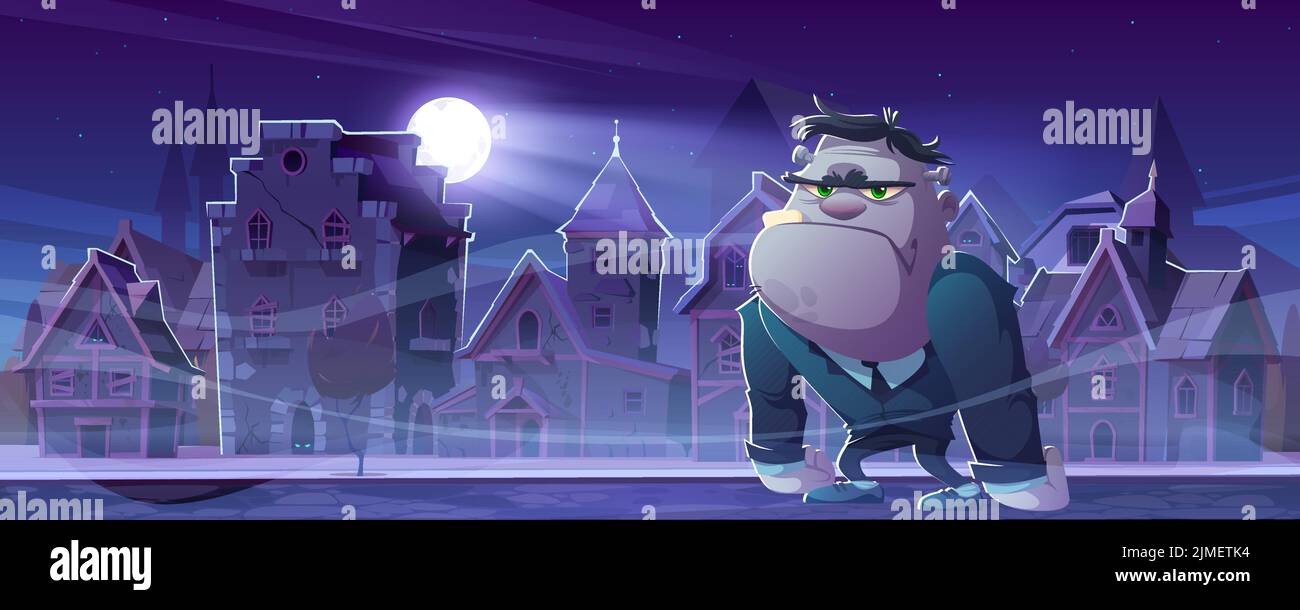 Frankenstein Cartoon halloween-Figur in der Nacht antike Stadt Straße. Gruseliges Zombie-Monster in der Mitternachtsstadt mit alten Steinhäusern im Mondschein, Vektor-Illustration Stock Vektor