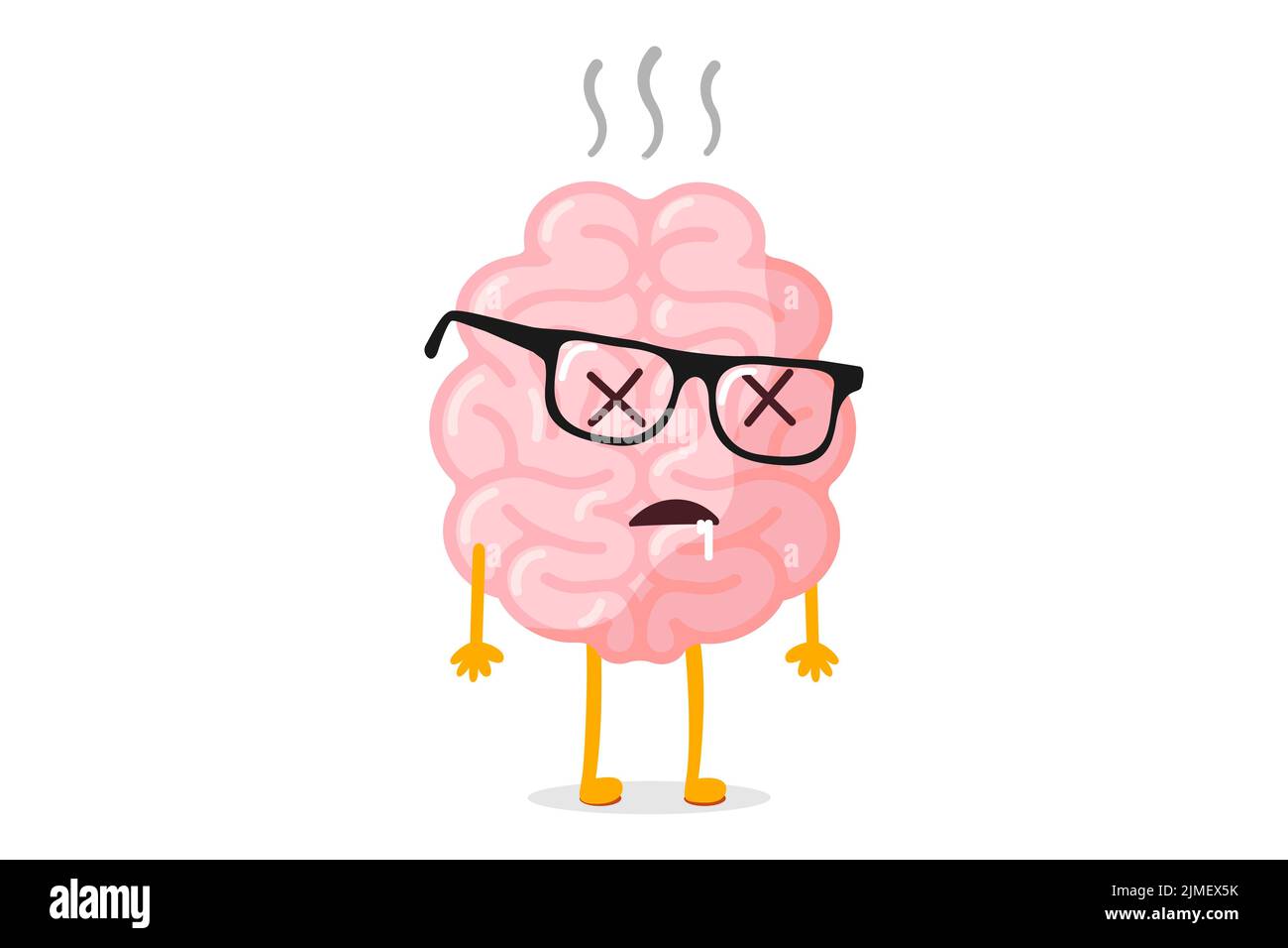 Cartoon ungesunde menschliche Gehirn tot. Tod Zentralnervensystem Maskottchen mit Brille und kreuzt stattdessen Augen. Der menschliche Geist Organcharakter fühlte sich unwohl und starb. Vektorgrafik eps Stock Vektor