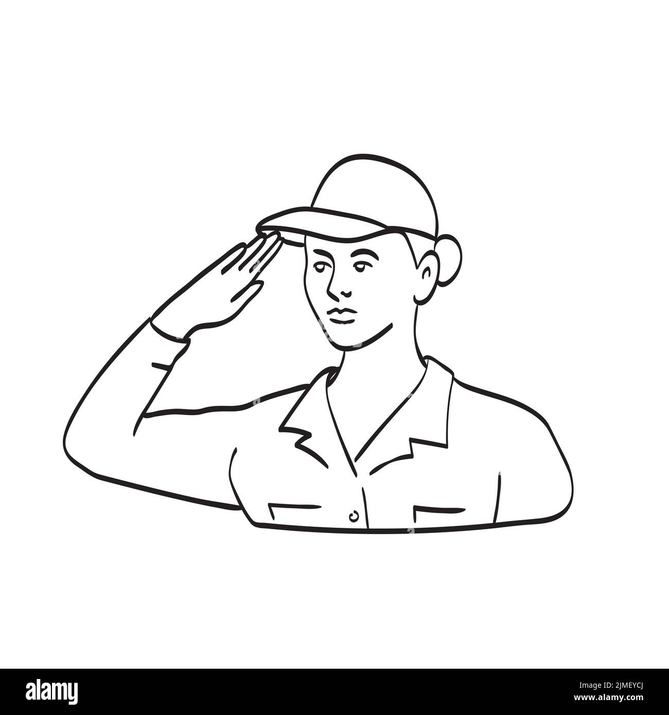 Amerikanische Veteranin Soldatin oder Militärpersonal Saluting Line Art Drawing Black and White Stockfoto