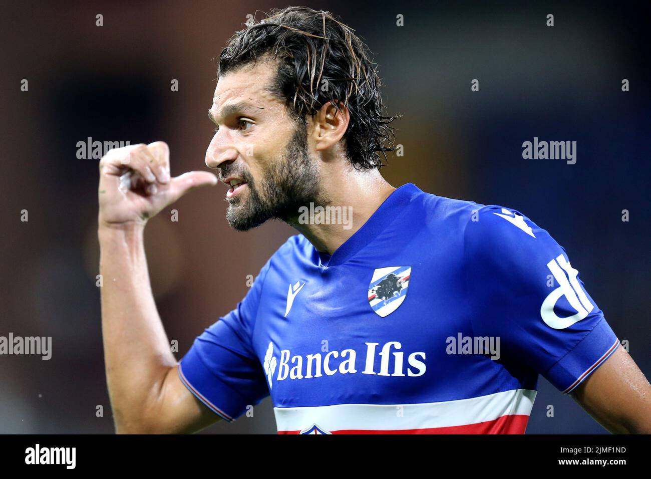 Genua, Italien. 5. August 2022. Antonio Candreva von uns Sampdoria Gesten während des Coppa Italia Spiels zwischen uns Sampdoria und Reggina 1914 im Stadio Luigi Ferraris am 5. August 2022 in Genua, Italien . Quelle: Marco Canoniero/Alamy Live News Stockfoto