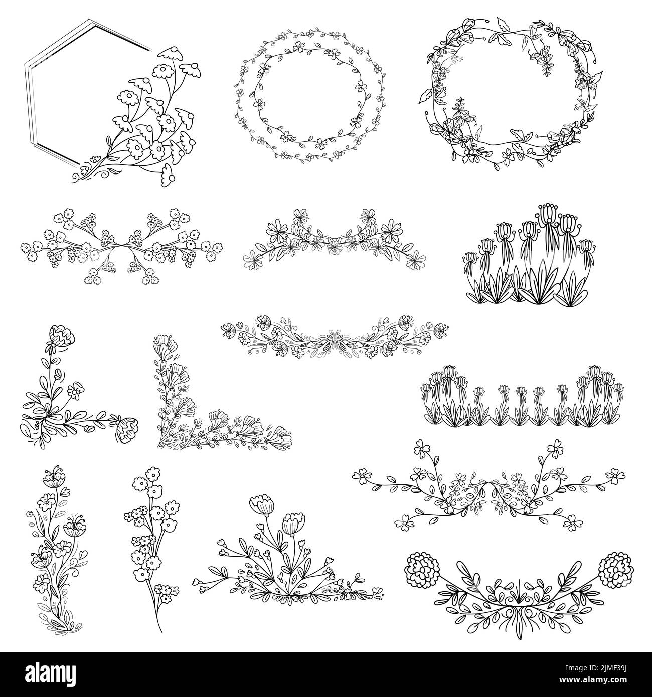 Sammlung von kunstvoll handgezeichneten dekorativen Doodle Ränder und Rahmen. Blumenkranz, Florale Designelemente. Handgezeichneter Vektor Illustration. Stock Vektor