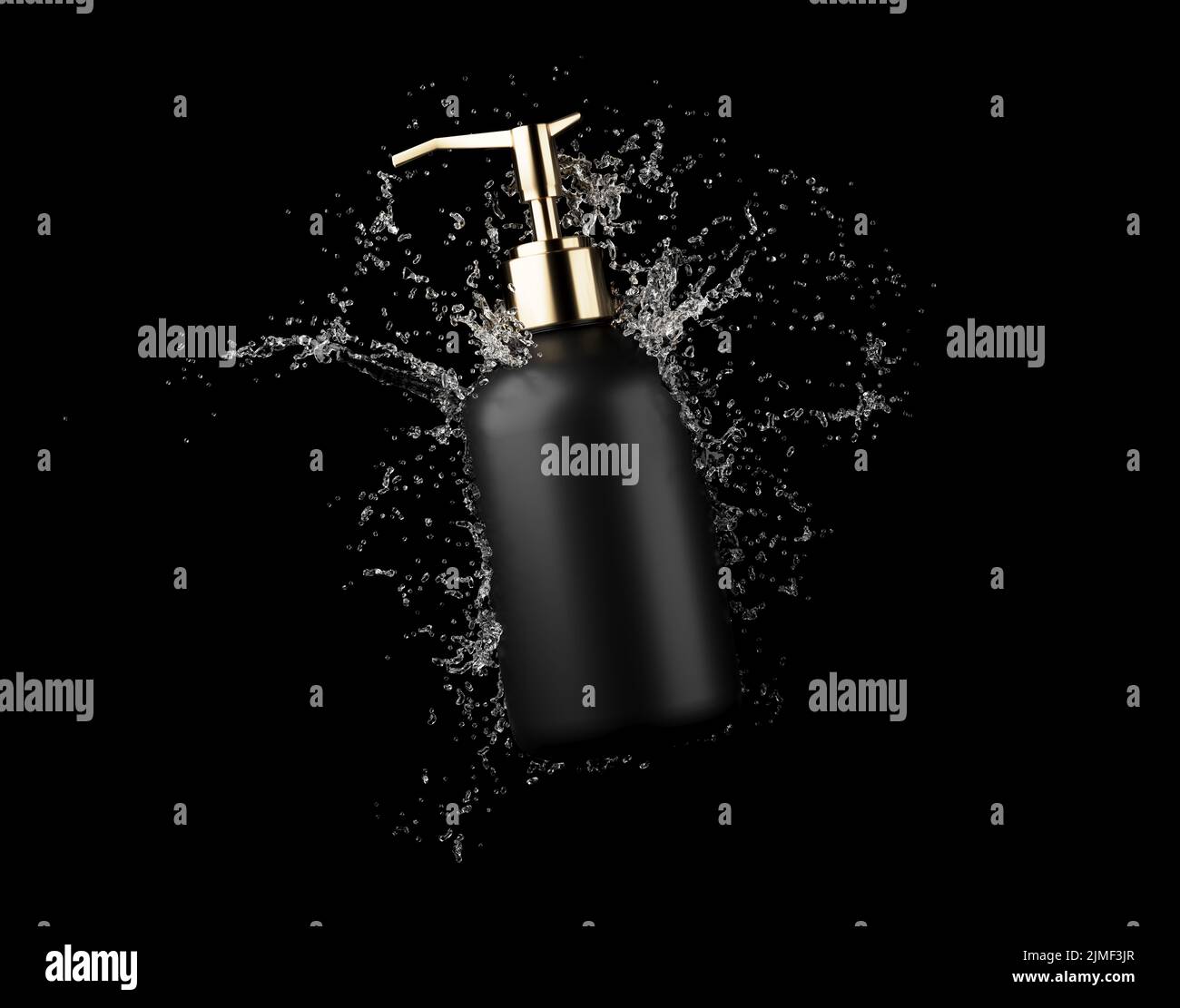 Kosmetikflasche in Wasserspritze isoliert auf schwarzem Hintergrund 3D Render, Haare und bory Pflegeprodukte Verpackung und Branding Stockfoto
