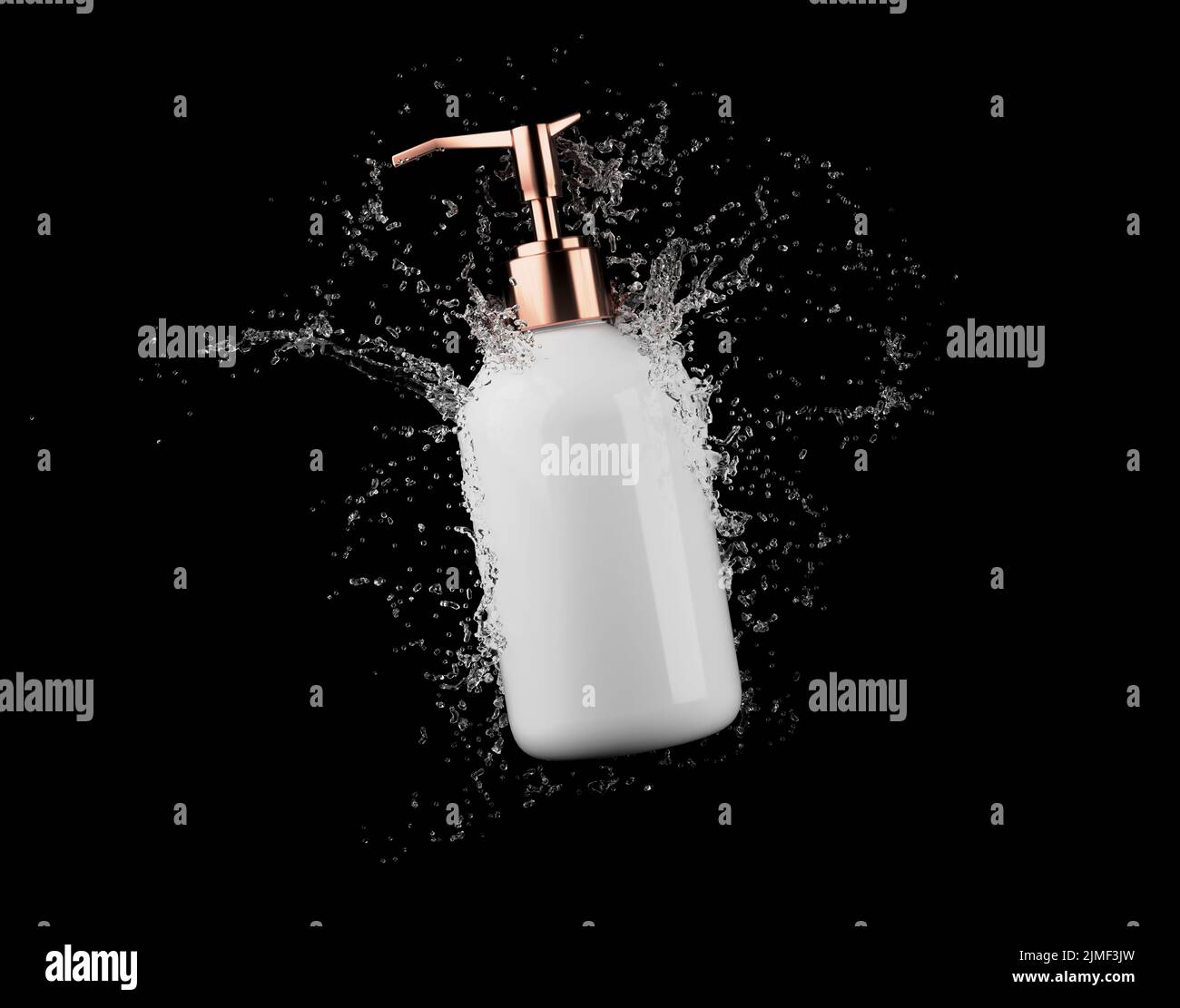 Kosmetische weiße Flasche in Wasserspritze isoliert auf schwarzem Hintergrund 3D Render, Haare und bory Pflegeprodukte Verpackung und Branding Stockfoto