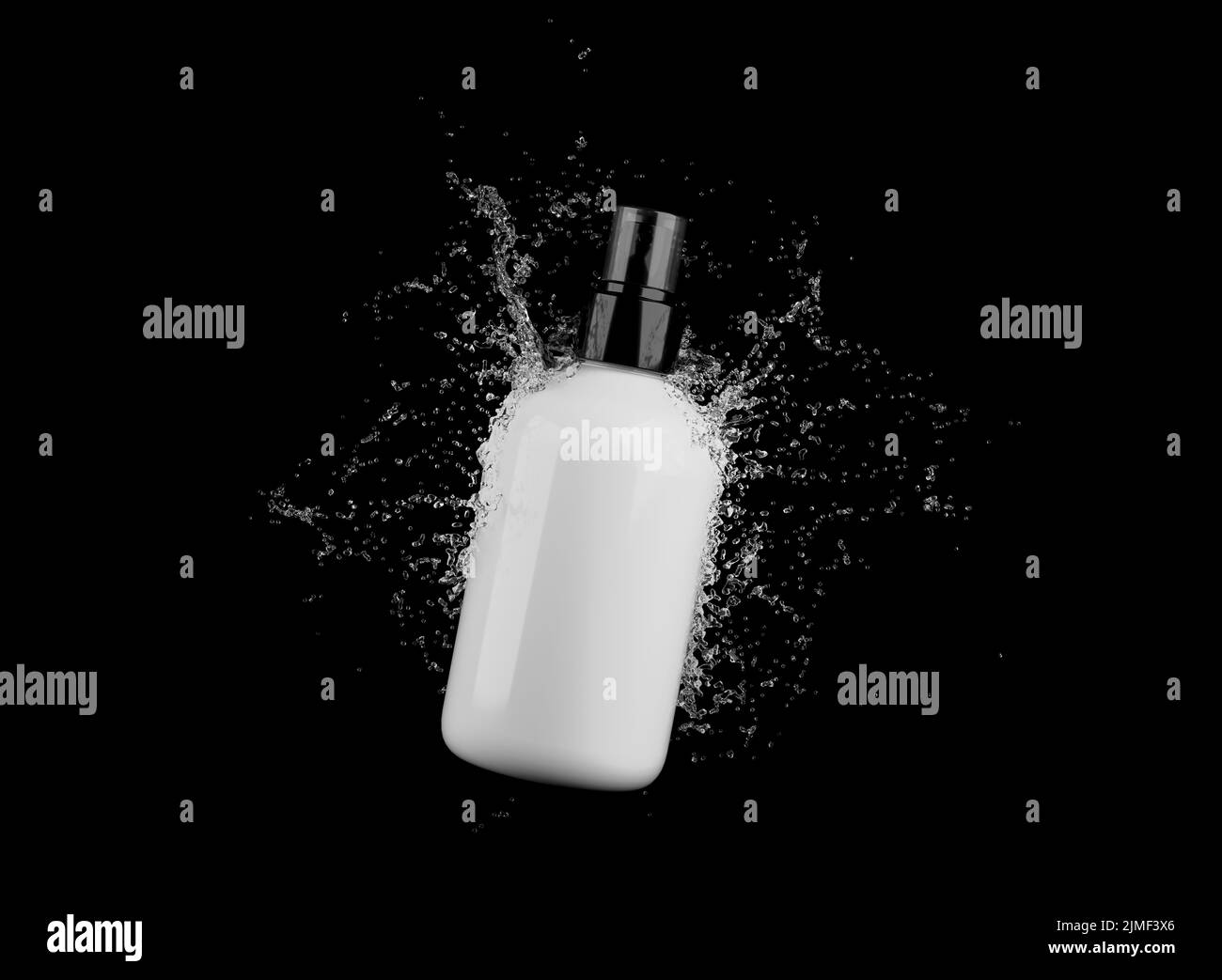 Kosmetische weiße Flasche in Wasserspritze isoliert auf schwarzem Hintergrund 3D Render, Haare und bory Pflegeprodukte Verpackung und Branding Stockfoto