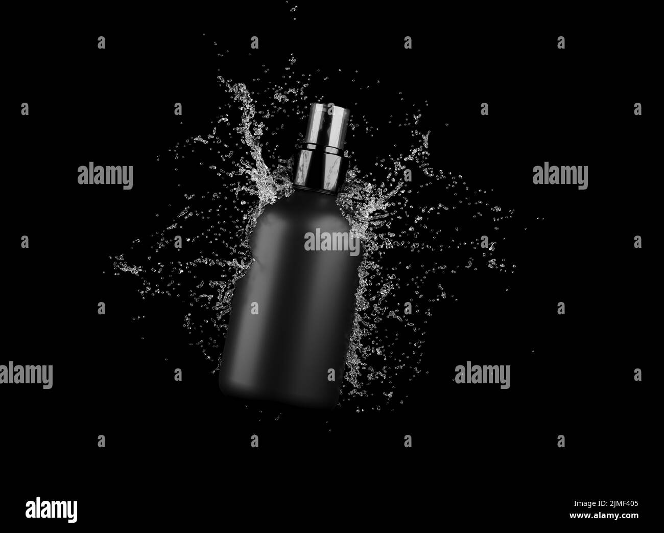Kosmetikflasche in Wasserspritze isoliert auf schwarzem Hintergrund 3D Render, Haare und bory Pflegeprodukte Verpackung und Branding Stockfoto