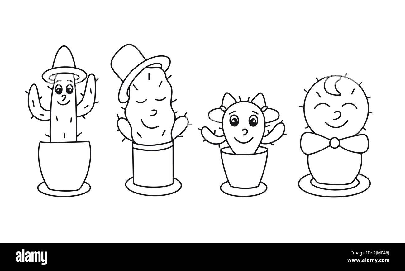 Doodle Set Kakteen Zeichen isoliert Vektor Illustration. Kaktus Mädchen, Kaktus Kerl in Hut, Kaktus schläft. Lustige schwarze Kontur Baby-Zeichen. Stock Vektor