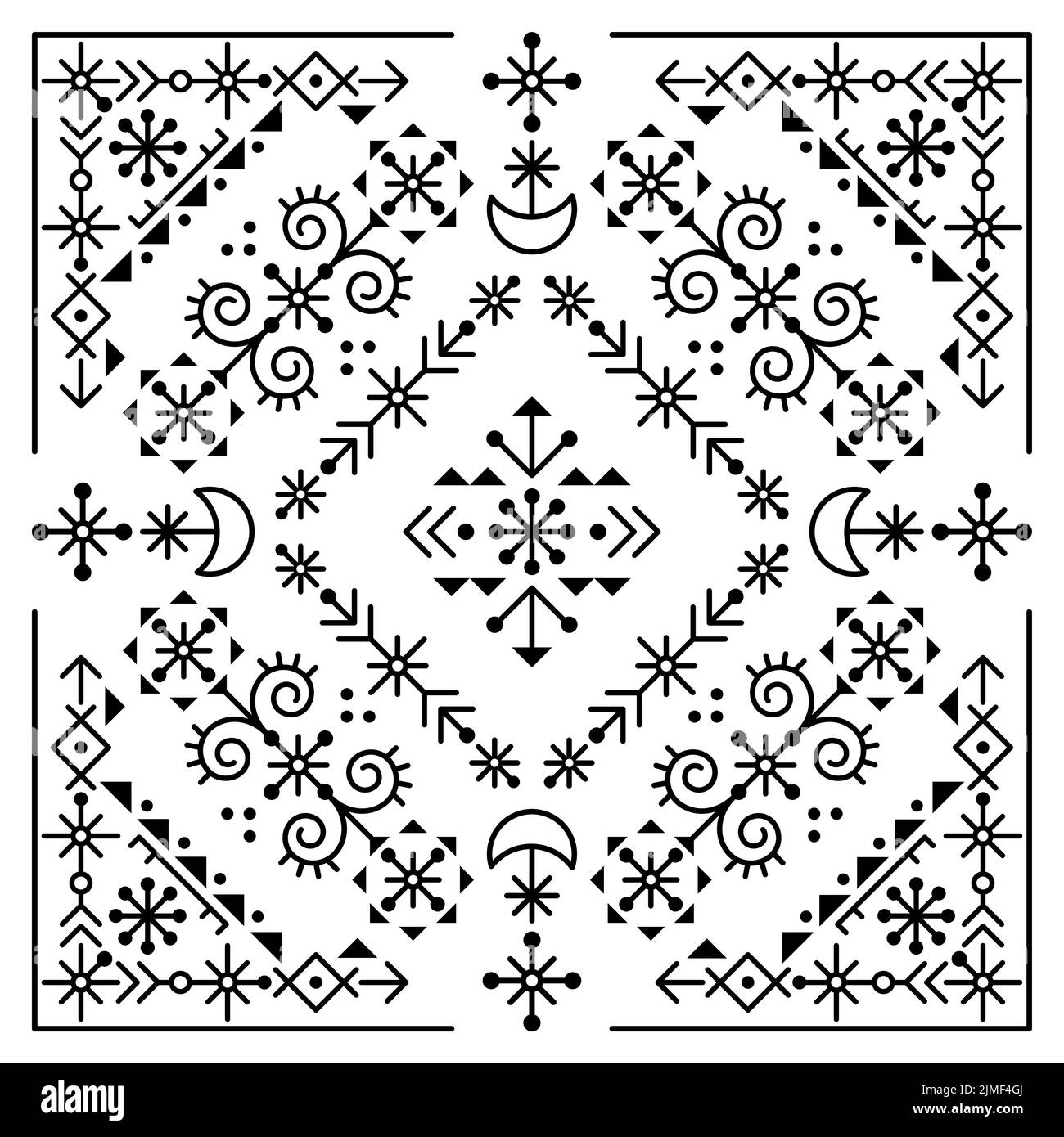 Isländische Rune Volkskunst Stil Tribal Linie Kunst Vektor Grußkarte oder Einladung Design mit Monden und geometrischen Formen in Quadrat Stock Vektor
