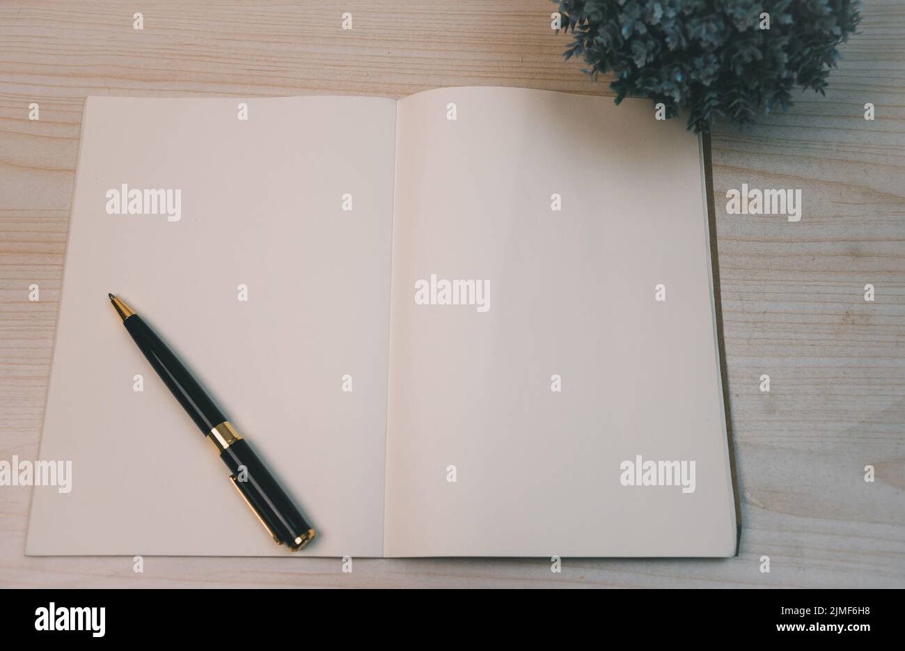 Notizbücher und Tagebuch Stift und Planer Draufsicht Holz Hintergrund. Stockfoto