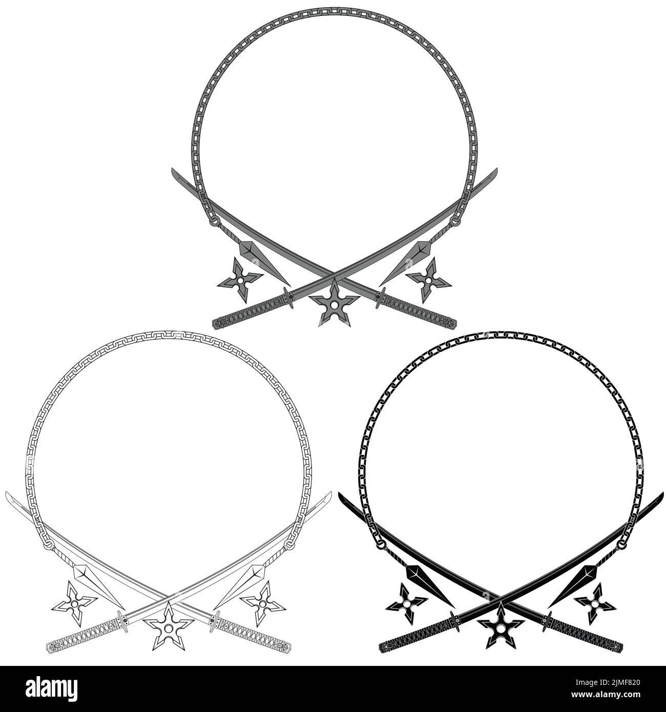 Vektor-Design von japanischen Ninja Assassin Waffen, Katana Shuriken und Kunai mit Kette Stock Vektor