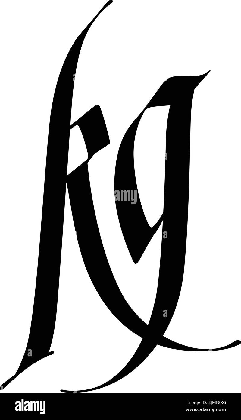 Schriftzusammensetzung der Buchstaben k und g. Vektor. Schöner schwarzer Buchstabe auf weißem Hintergrund. Moderne und stilvolle Kalligraphie. Elegantes Monogramm. Mittelalterlich Stock Vektor