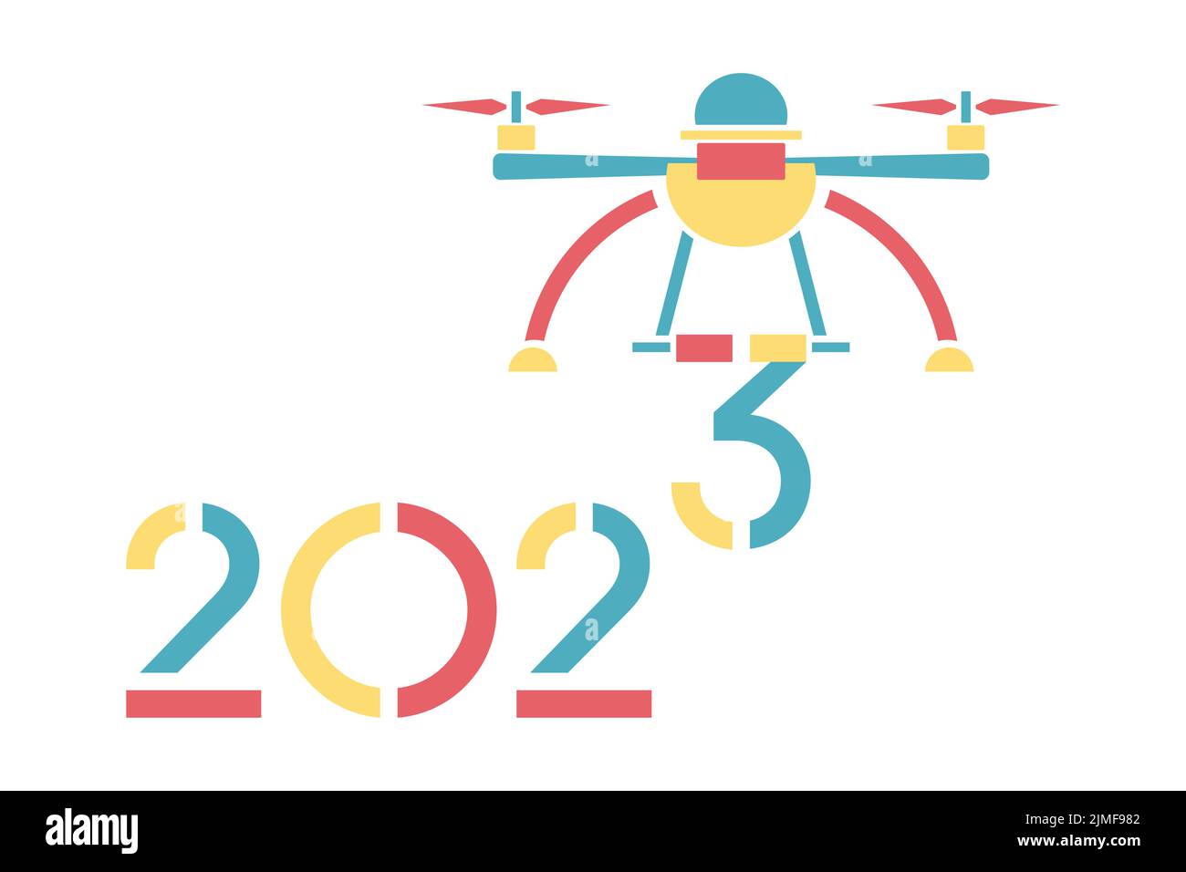 Frohes neues Jahr 2023 Vektor-Illustration. Luftdrohne trägt Zahlen für 2023. Festlicher Hintergrund. Remote-Gerät. Quadcopter Stock Vektor