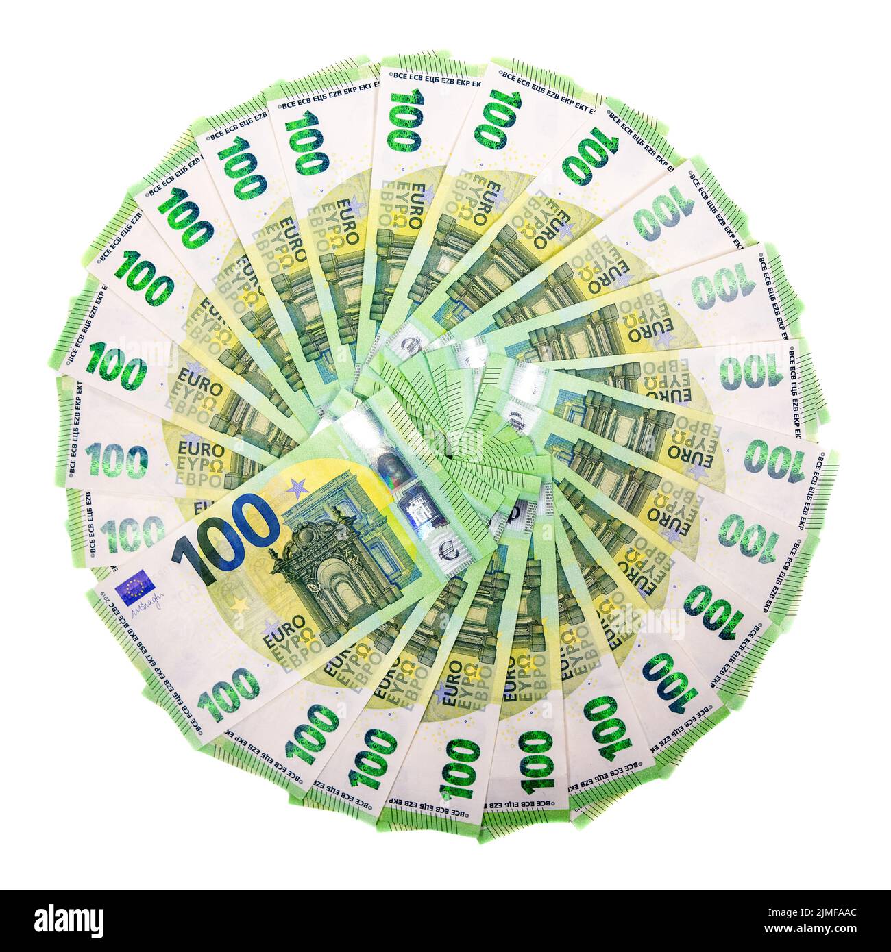 Euro-Bargeld. 100 Banknoten auf weißem Tisch. 1500 Euro. Geschäftskonzept Stockfoto