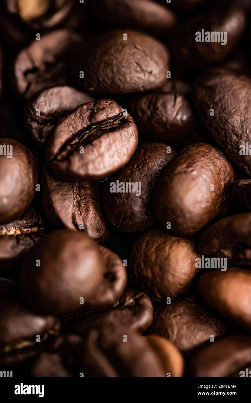 Kaffeebohnen Hintergrund, geröstete Signature Bohne mit reichhaltigem Geschmack, bester Morgengetränk und luxuriöser Mischung Stockfoto