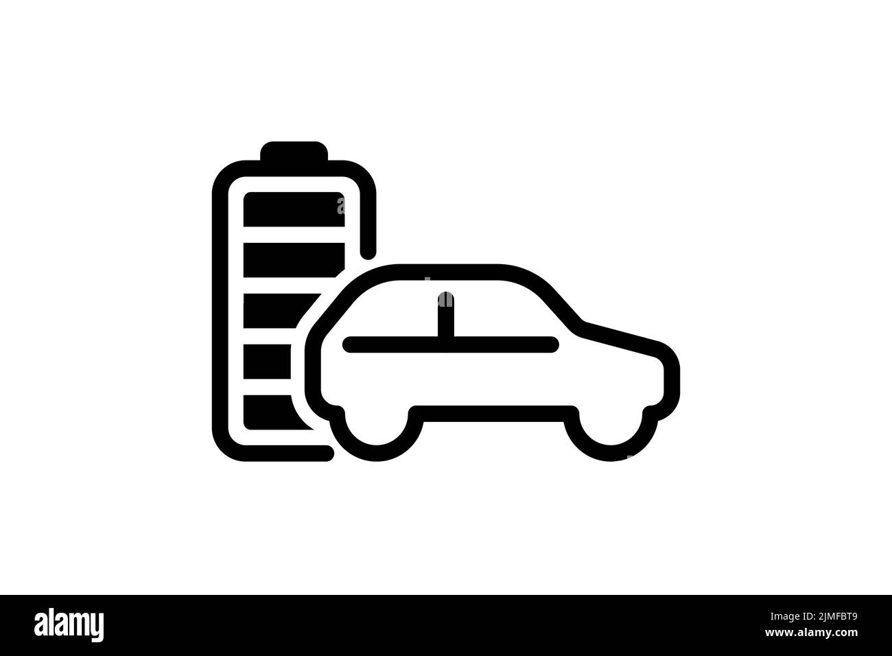 Elektroauto mit vollständig aufgeladenem Batterieenergieanzeige, schwarzes lineares Symbol. Symbol für Akkuladegerät für den elektrischen Transport. Vollladeautomatik für Elektroenergie. Schild für umweltfreundliche Fahrzeugaufladung Stock Vektor