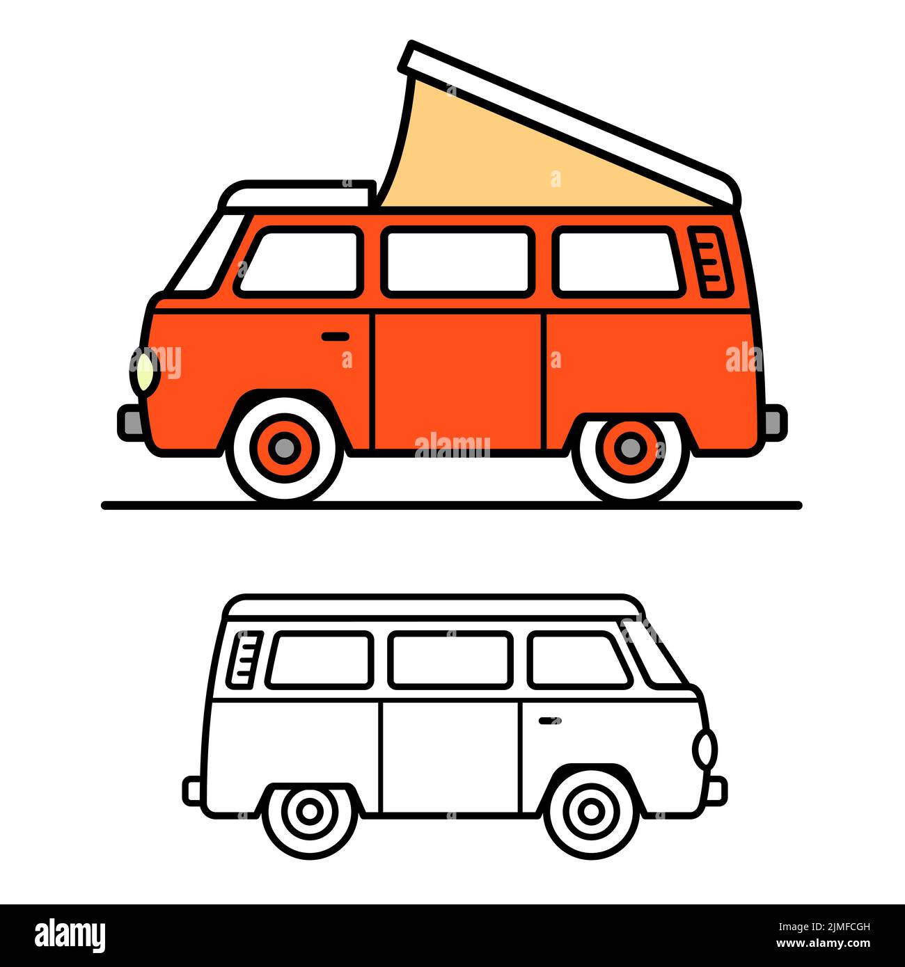 Vintage orange rot van mit fett schwarzen Konturen für Transport, Camping oder van Leben - Vektor-Illustration Stock Vektor