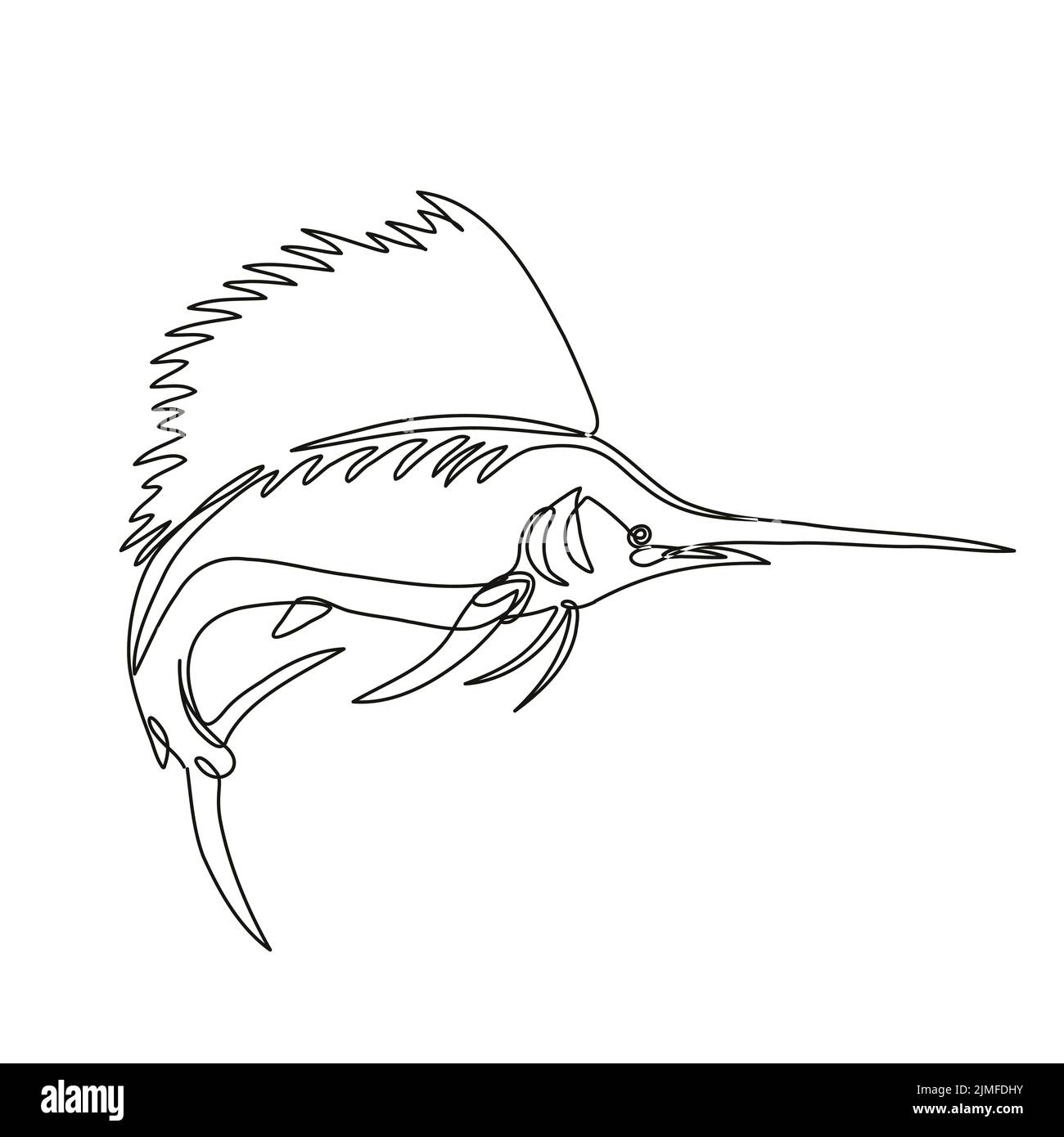 Atlantischer Seegel oder Istiophorus albicans Jumping Continuous Line Drawing Stockfoto