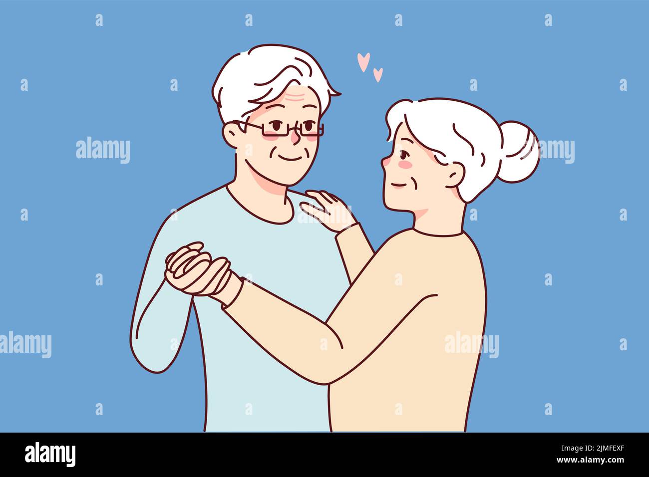 Glückliches älteres Paar, das zusammen tanzt. Lächelnder reifer Mann und Frau genießen Romantik und freudige Ruhe im Ruhestand. Liebe und Beziehungen. Vektorgrafik. Stock Vektor