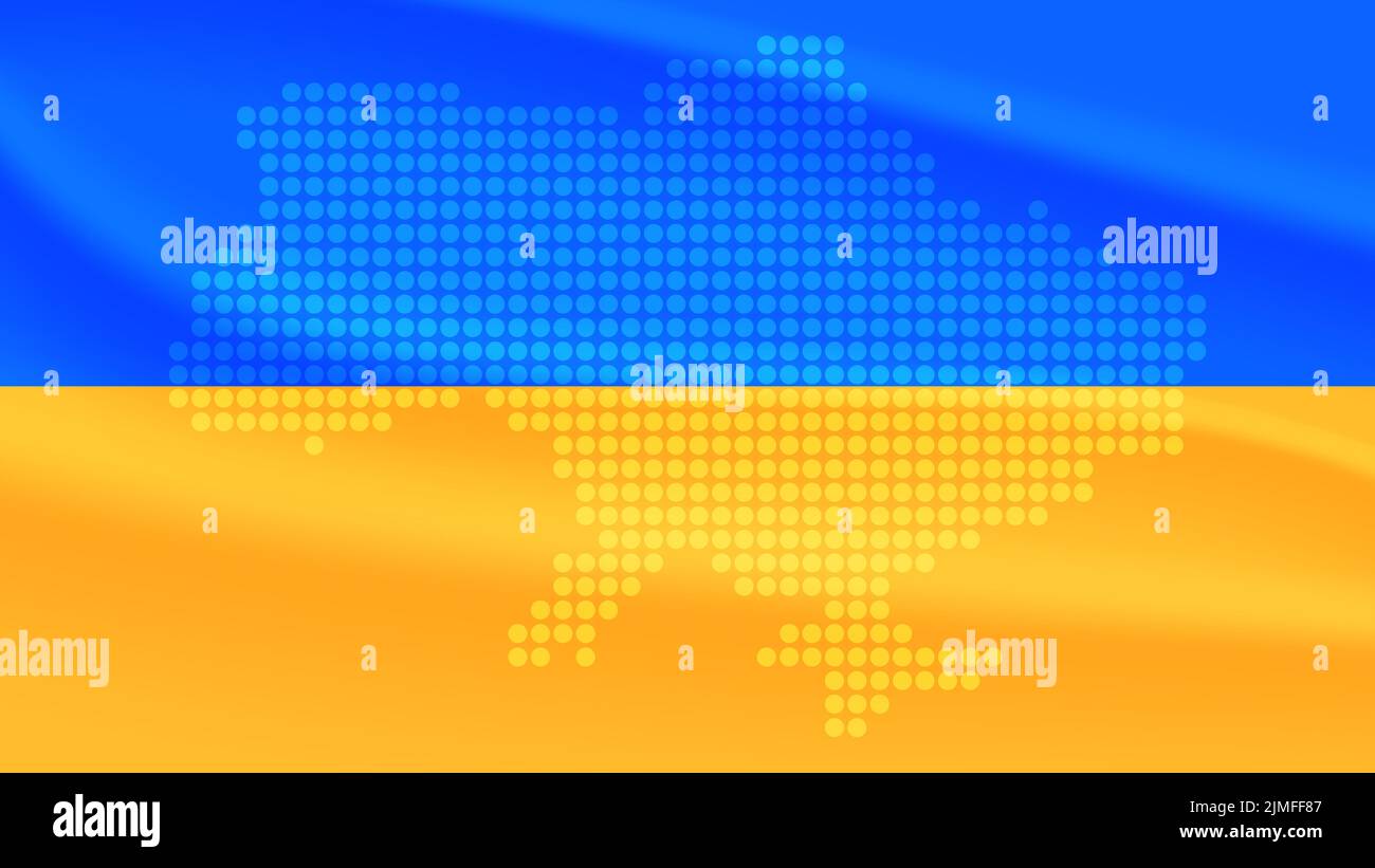 Gepunktete Karte der Ukraine auf gelb-blauer Flagge Hintergrund, Vektorgrafik. Stock Vektor