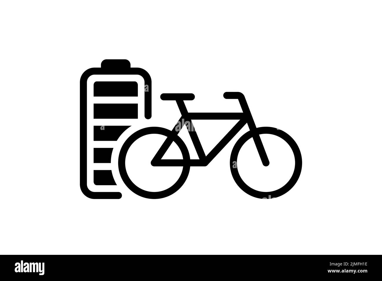 Elektrisches Fahrrad voll geladene Batterie Energieanzeige schwarzes lineares Symbol. Symbol für elektrisches Transportsymbol für Fahrradakkumulator-Ladegerät. Elektroladezyklus. Umweltfreundlicher Transport Aufladen eps Zeichen Stock Vektor