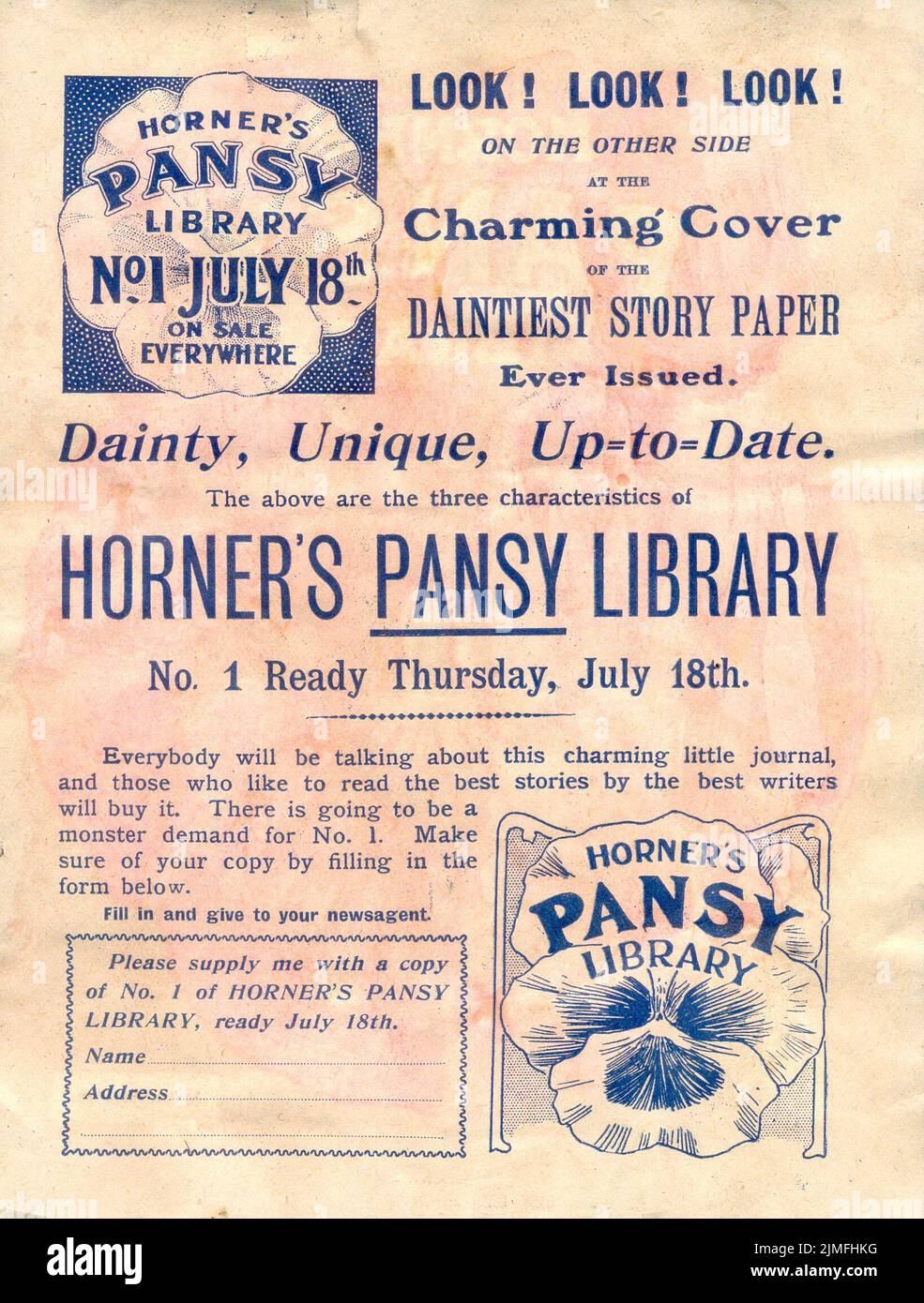 Flugblatt für die neue Zeitung „Pansy“ für Horners „Pansy Library“ Juli 1907 Stockfoto